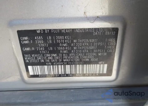 2013 Subaru Outback 2.5I Premium from USA, damaged, VIN 4S4BRCBC7D3235597